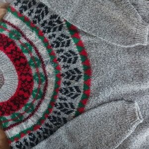 Fair Isle Design Oversized Sweater Grey/Red/Green/Blk & White